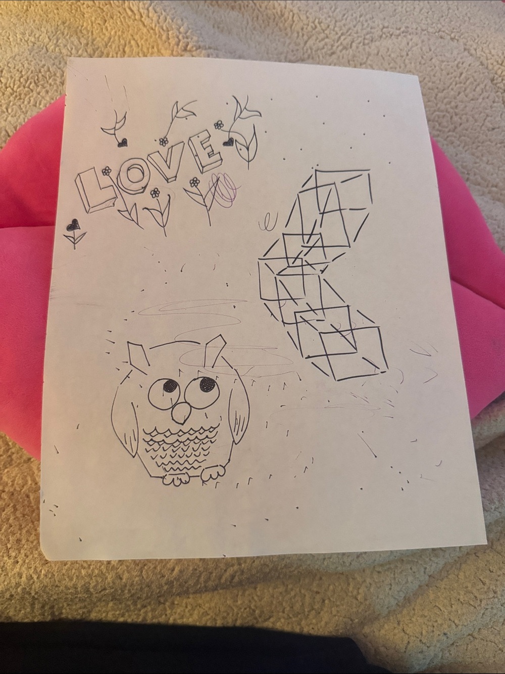 Hand-Drawn Owl and Geometric Doodle Art on White Paper